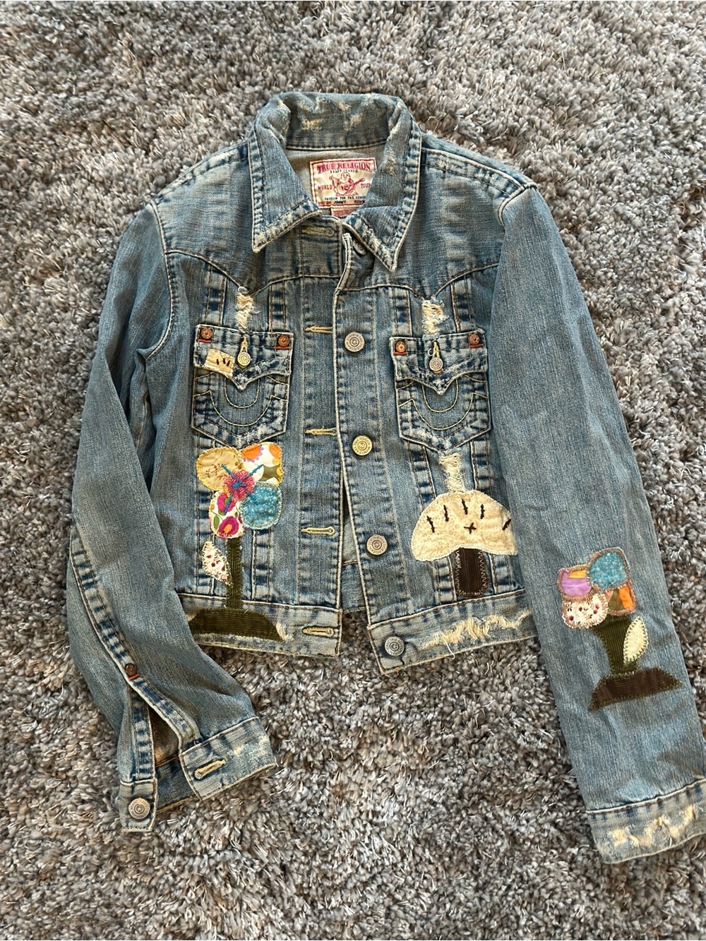 Rare Vintage 2000’s true religion Embroidered Light Blue Denim Jacket